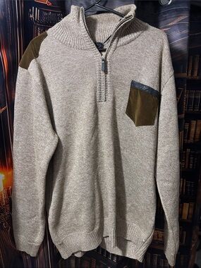 Men's Zip Sweater Pullover in Taupe with Olive Accents